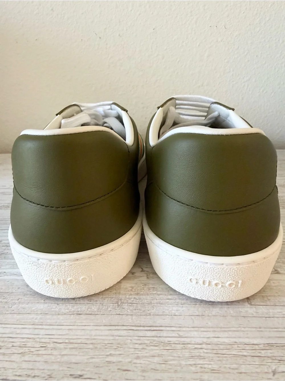 New Gucci G74 men leather sneakers with Web, dark green olive, size 9, US 9.5-10
